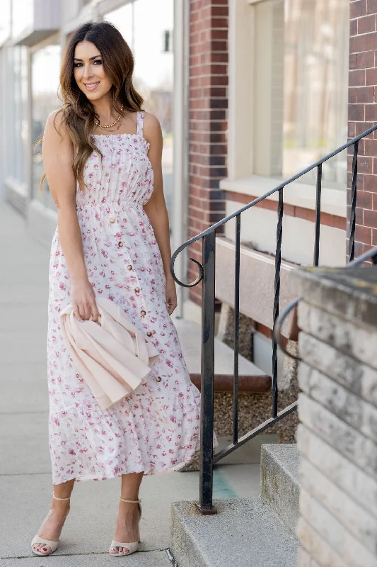 Painted Blossoms Button Accented Midi Dress Practical Women's Multi - 