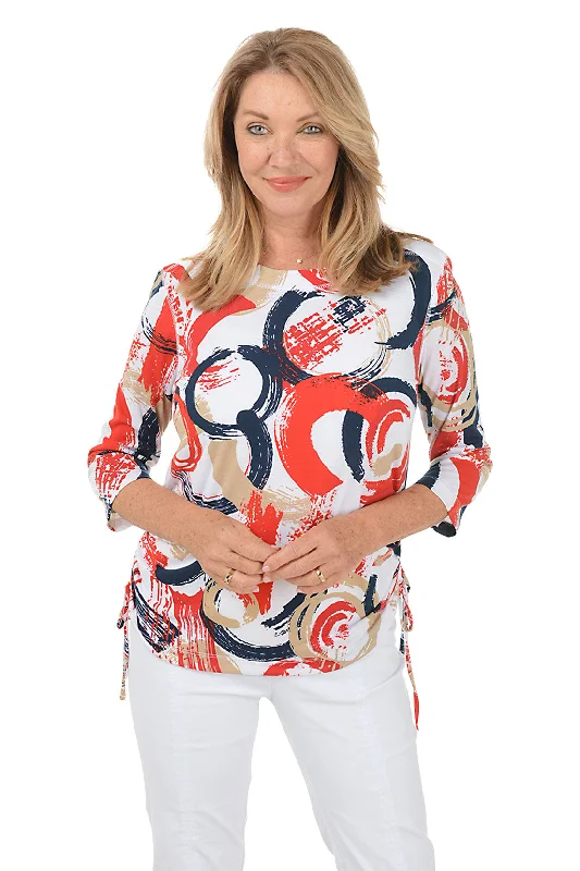Red Painted Loops Side Shirred Knit Top Rugged Women's Outdoor 