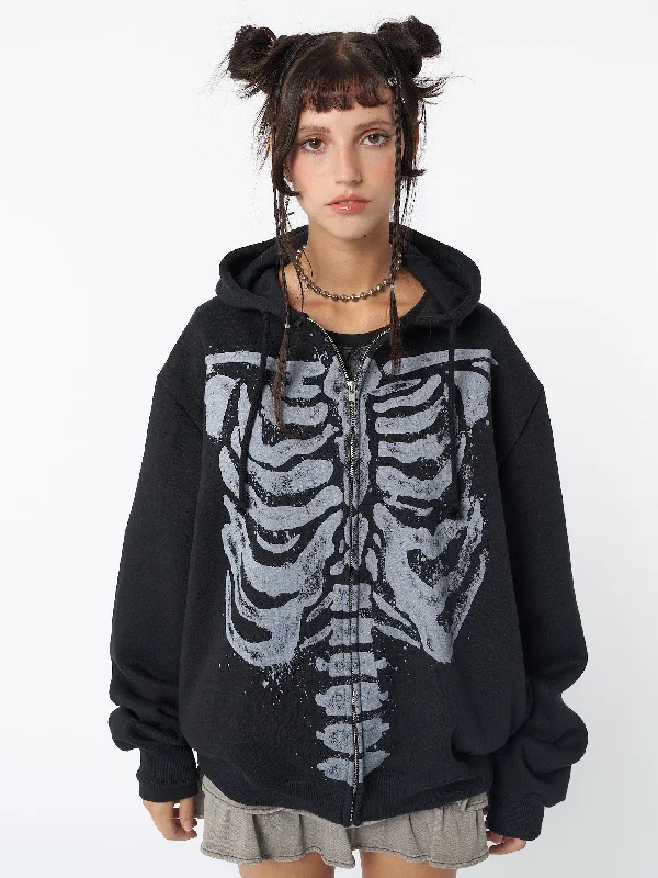 Skeleton Black Oversized Zip Up Hoodie Rugged Women's Outdoor 