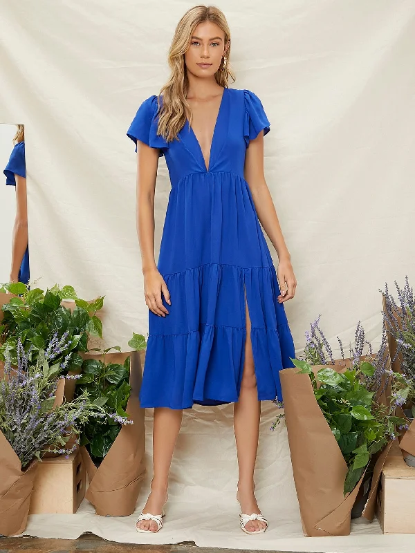 Plain Split Thigh Short Sleeve Deep V Neck Flounce High Waist Midi Dress Streetwear Style for 