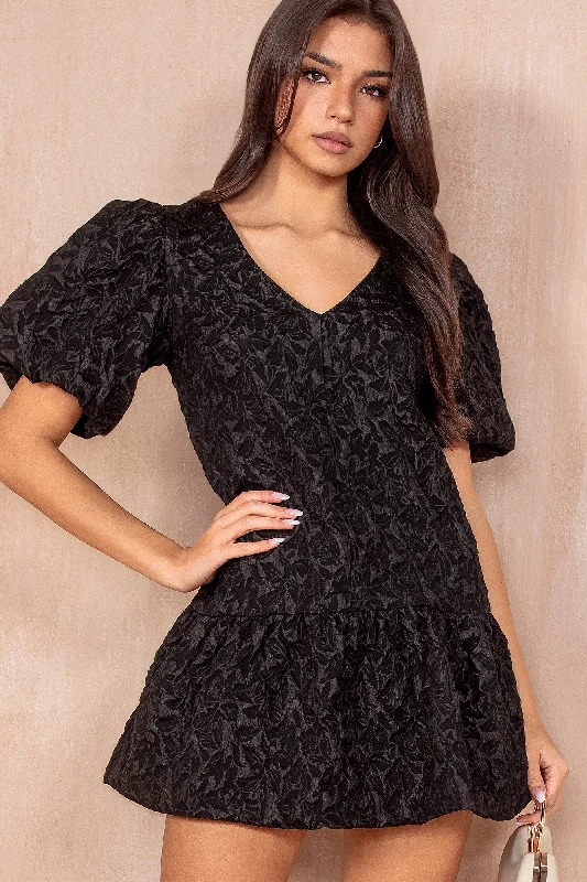 Hayley Black Jacquard Puffball Dress Street