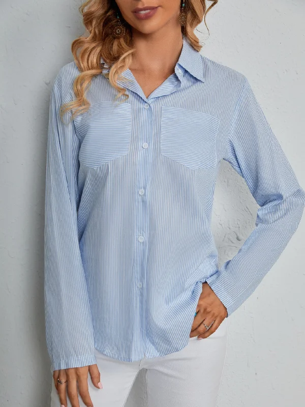 Casual Striped Button Front Long Sleeve Collar Long Blouse Vacation