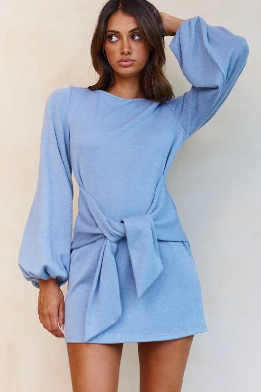 Rapt Waist Tie Balloon Sleeve Knit Dress Blue Dapper Women's Bow - adorned