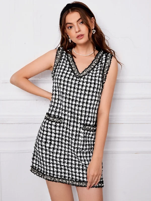 Houndstooth Pocket Sleeveless V Neck Straight Natural Short Dress Hip Women's Retro