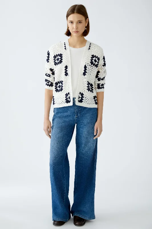 Oui White/Navy Crochet Cardigan Sharp Women's Italian