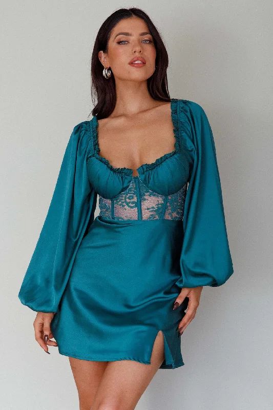 Trophy Long Sleeve Lace Bodice Mini Dress Forest Green Trendy Women's 