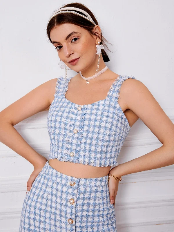 Elegant Plaid Button Front Straps Crop Women Tank Top & Cami Vintage Women's 1970S 