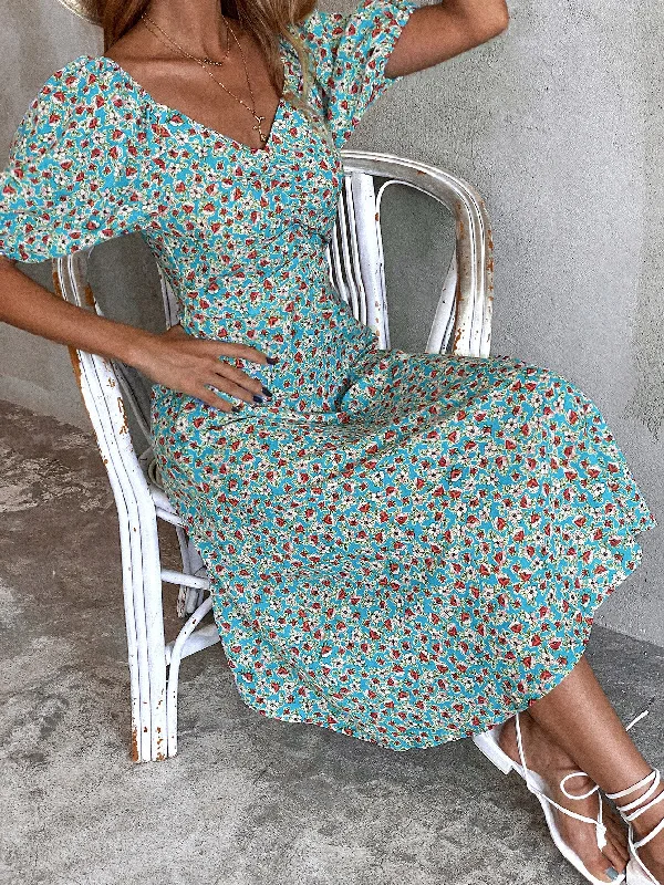 Ditsy Floral Backless Short Sleeve Deep V Neck Flared High Waist Midi Dress Casual Women's Loose - fitting