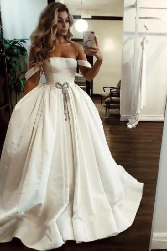 Puffy Off the Shoulder Satin Long with Pockets Simple Wedding Dress Luxurious Women's High -  end