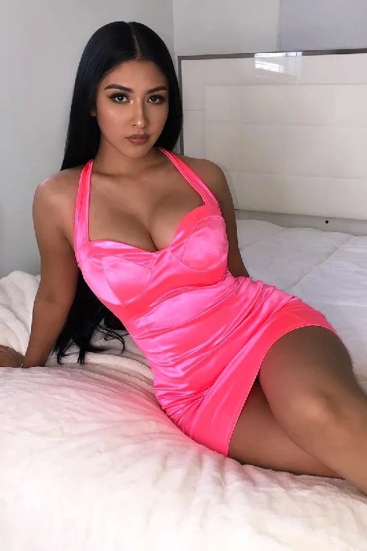 Neon Pink Satin Cup Detail Mini Dress - Jenna Cozy Women's Winter