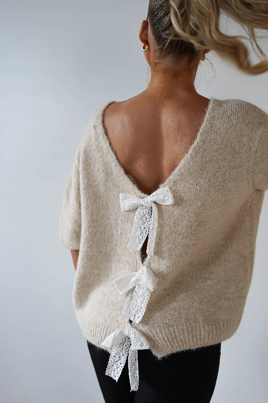 Lila Lace Bow Back Jumper | Cream Cool Women's Distressed