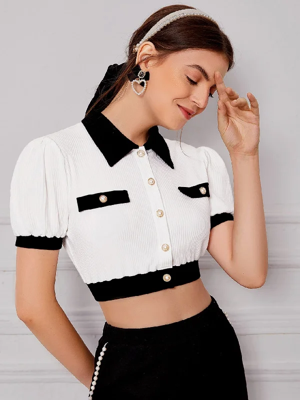 Casual Colorblock Button Front Short Sleeve Collar Crop Women T-Shirt Streetwear Style for Casual Colorblock Button Front Short Sleeve Collar Crop Women T-Shirt Streetwear Style for