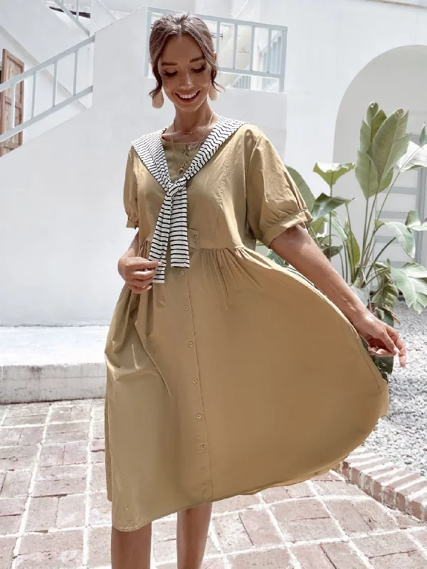 Striped Button Front Short Sleeve Round Neck Flared High Waist Midi Dress Refined Women's Classic 
