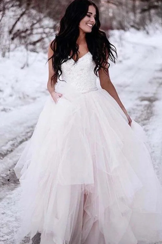 Charming Straps Lace Top Backless Tulle Asymmetrical Ivory Wedding Dress Rugged Women's Outdoor 