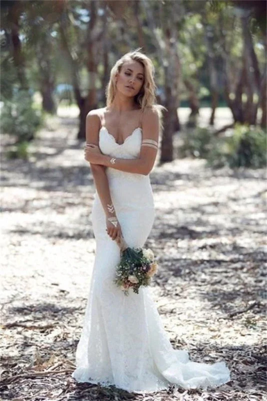 Spaghetti Strap Lace Beach Backless V Neck Sweep Train Long Wedding Dress Artistic Women's Avant - 