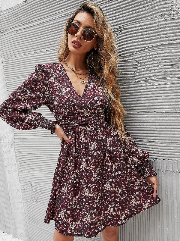 Ditsy Floral Shirred Long Sleeve V Neck Flared High Waist Short Dress Earthy Women's 