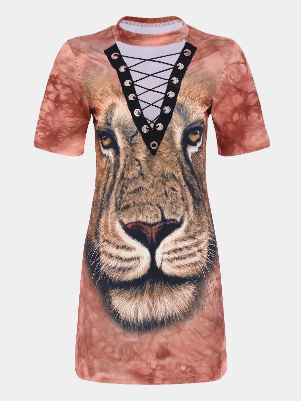Wholesale Yellow V-Neck Short Sleeve Animal Lace-Up Mini Dress garde