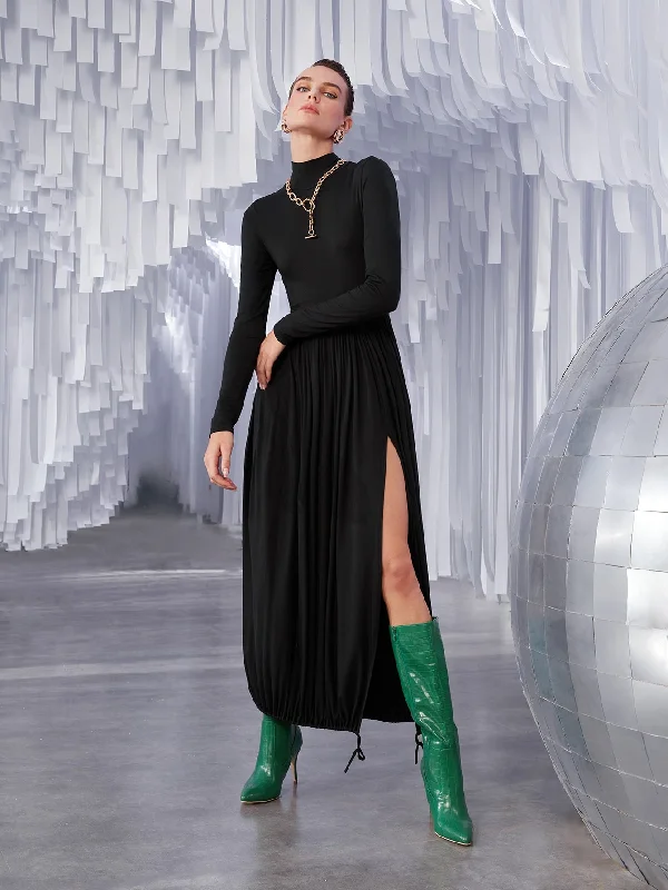 Plain Split Thigh Long Sleeve Stand Collar Slit High Waist Maxi Dress Refined Women's Hand - crafted Plain Split Thigh Long Sleeve Stand Collar Slit High Waist Maxi Dress Refined Women's Hand - crafted