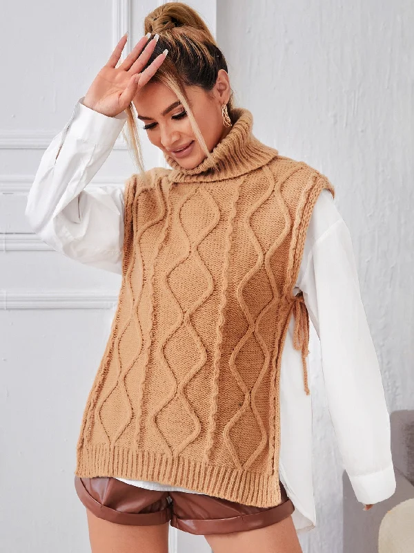 Casual Plain Knot Long Sleeve High Neck Regular Women Knit Top Disco