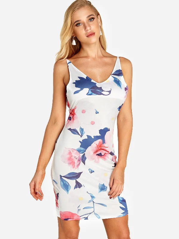 Wholesale White V-Neck Sleeveless Floral Print Fashion Mini Dress Cool Women's Distressed