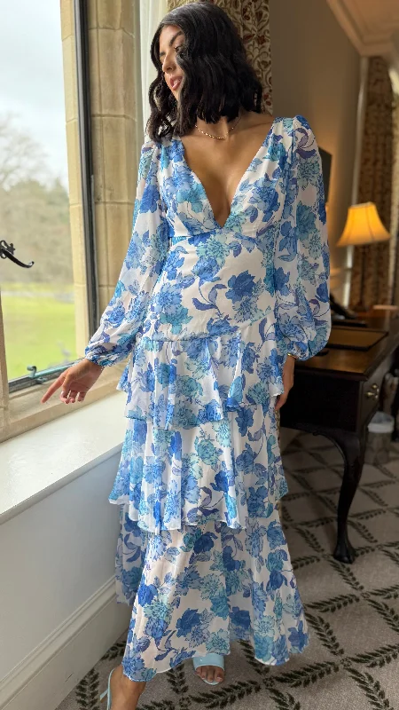 Mariah Blue Floral Tie Back Long Sleeve Tiered Maxi Dress Sophisticated Women's Tailored
