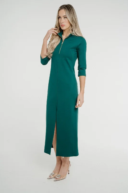 Faye Zip Front Midi Dress In Forest Green