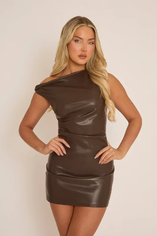 Chocolate Faux Leather One Shoulder Mini Dress - Kezia