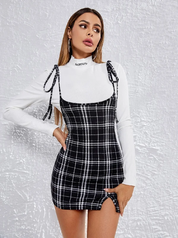 Plaid Split Sleeveless Spaghetti Strap Pencil High Waist Mini Dress Sleek Women's 