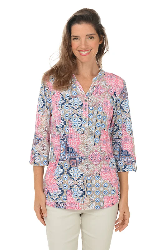 Rose Amour Pleated Patch Print Top Compression