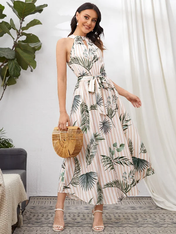 Tropical Tie Back Sleeveless Halter Flared High Waist Long Dress