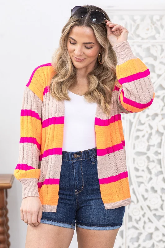 Orange and Hot Pink Stripe Ribbed Cardigan Preppy Women's College