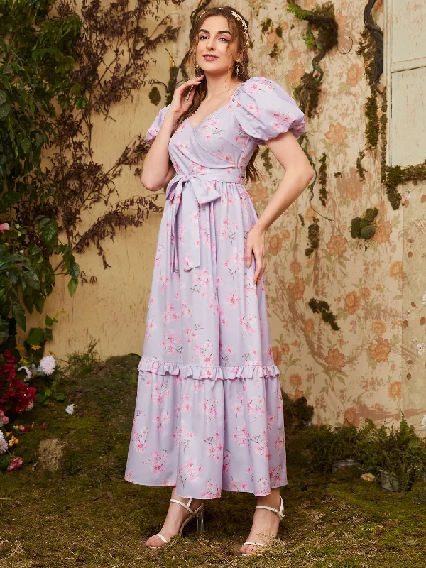 Floral Belted Short Sleeve Sweetheart Flounce High Waist Maxi Dress Cozy Women's Winter