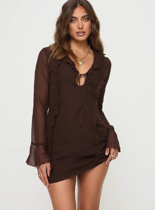 Fairly Long Sleeve Mini Dress Chocolate Classic Women's Pin - striped