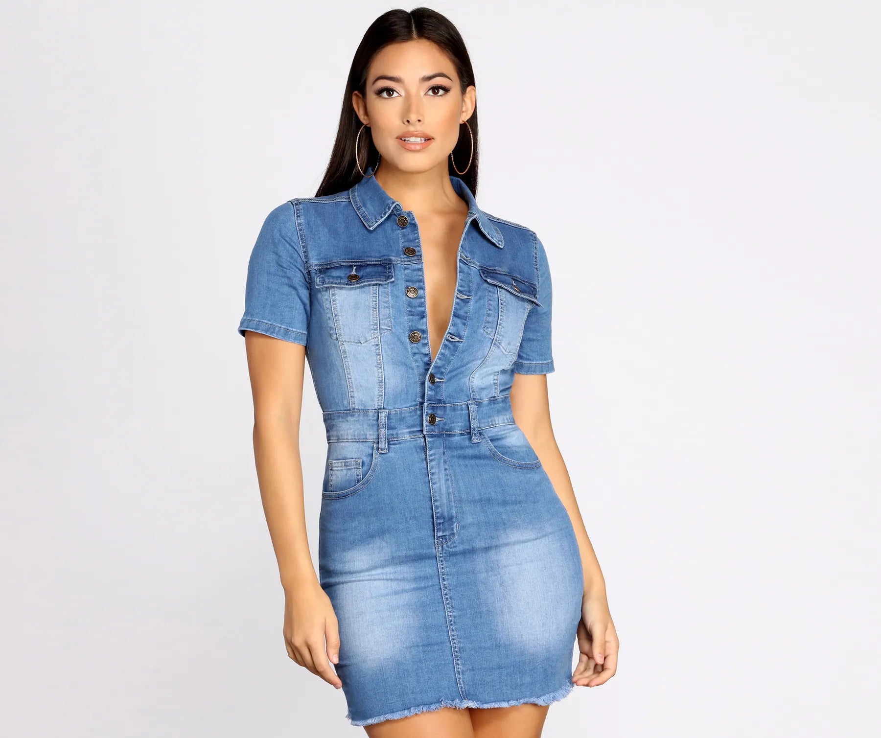 Button Up In Denim Frayed Dress Vacation