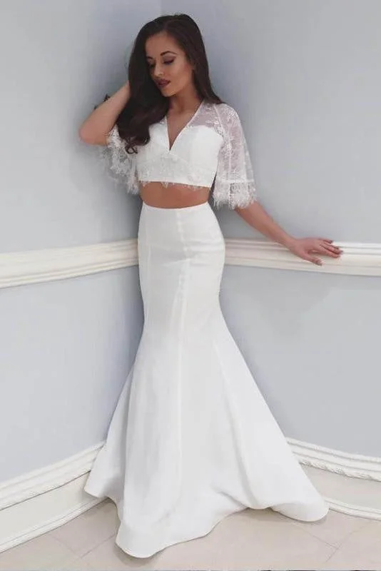 Two Beach with Lace 2 Piece Mermaid V Neck Wedding Dress Vacation