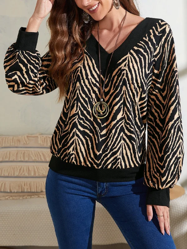 Casual Zebra Stripe Long Sleeve V Neck Regular Women Sweatshirt Cashmere