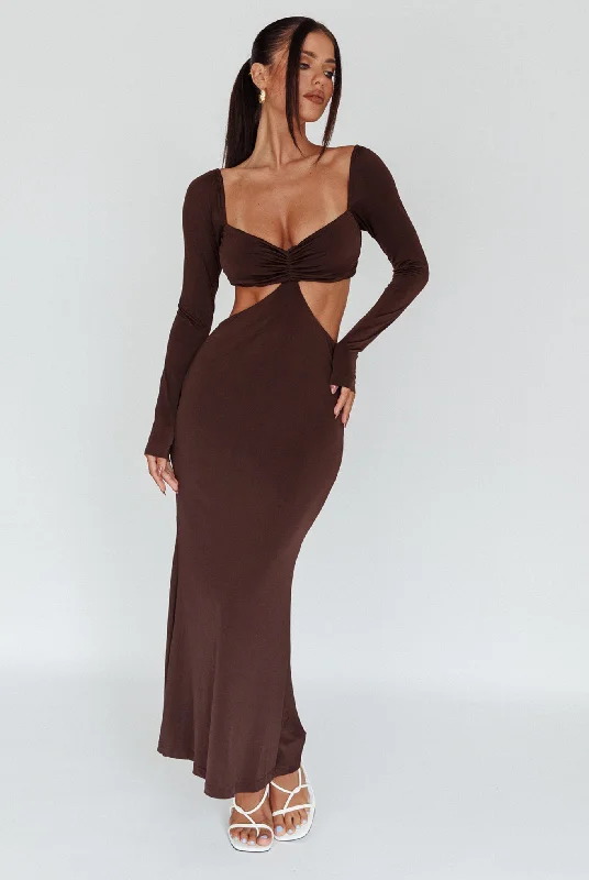 Vienna Long Sleeve Cut-Out Waist Maxi Dress Chocolate Cashmere