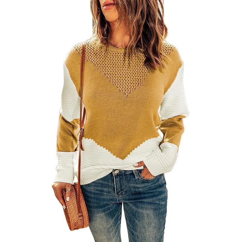 Casual Long Sleeve Round Neck Color Block Sweater Wholesale Womens Tops Dapper Women's 1920S Casual Long Sleeve Round Neck Color Block Sweater Wholesale Womens Tops Dapper Women's 1920S