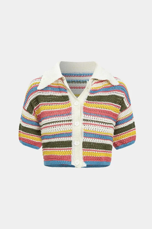 Rainbow Stripe Knit Button Short-Sleeve Top Preppy Women's College