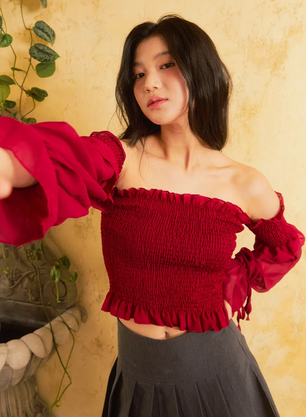 Shirred Off-Shoulder Crop Top IS305