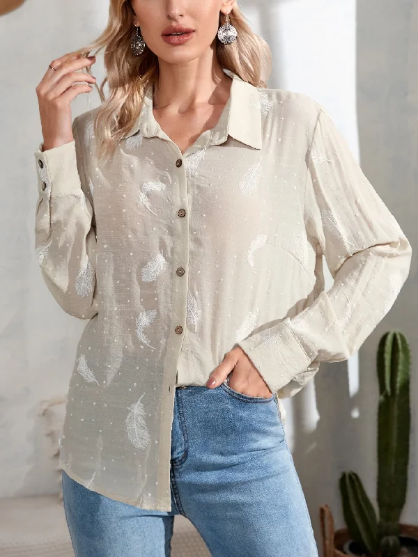 Casual Plain Button Front Long Sleeve Collar Regular Blouse Polished Women's Silk