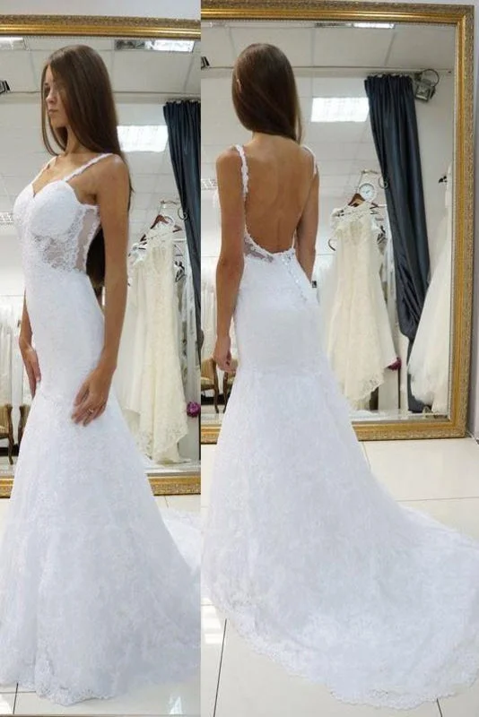 White Straps Open Back Lace Sweetheart Customized Wedding Dress Relaxed Women's Beachy