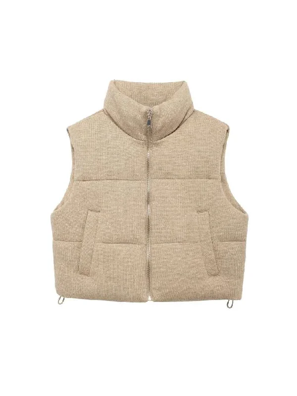 Funky Pure Color Quilted Stand Collar Down Waistcoats Sleek Women's Metallic