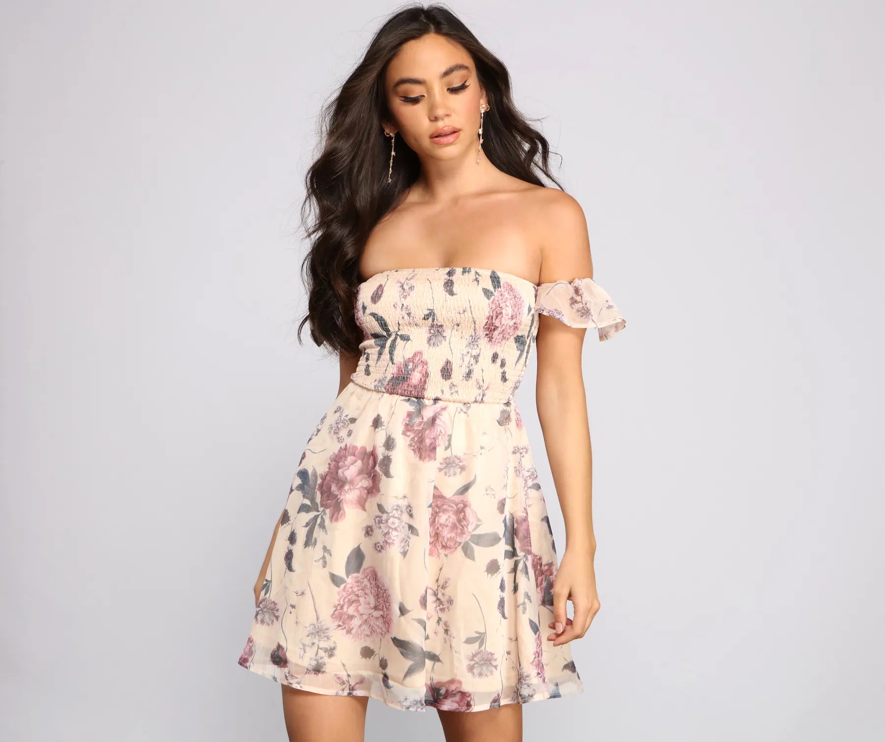 Chic Floral Chiffon Off The Shoulder Mini Dress Cool Women's Skate