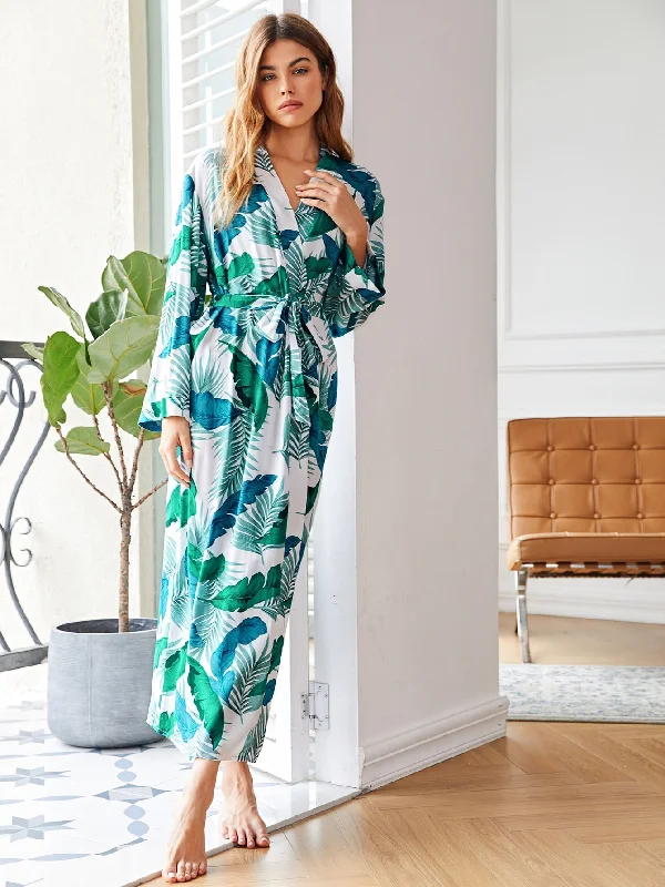 Tropical Belted Long Sleeve V Neck Women Robes Sleek Women's Metallic