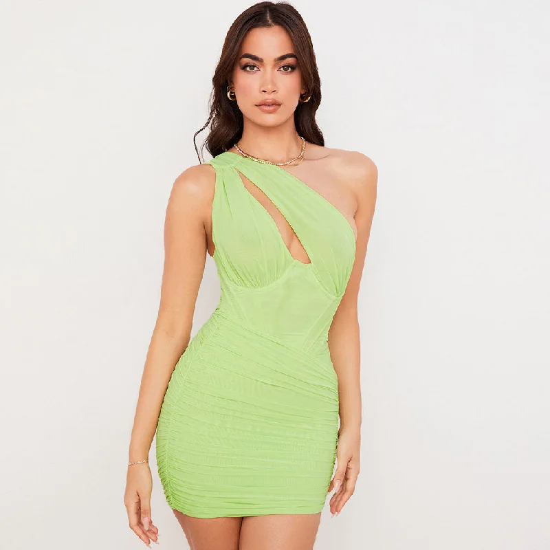 BerryBetty - Trendy One Shoulder Cut Out Ruched Mesh Party Mini Dress - Green Relaxed Women's BerryBetty - Trendy One Shoulder Cut Out Ruched Mesh Party Mini Dress - Green Relaxed Women's