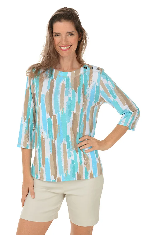 Aqua Brushstroke Stripe Button Shoulder Top Adventure