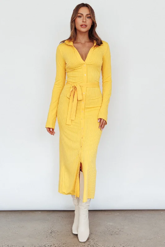 Eastcoast Collared Placket Midi Dress Yellow Dapper Women's 1920S