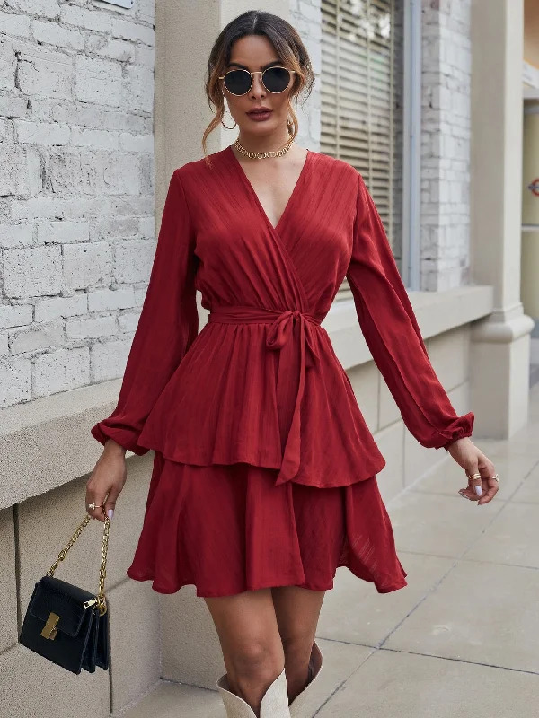 Plain Belted Long Sleeve V Neck Layered/Tiered High Waist Short Dress