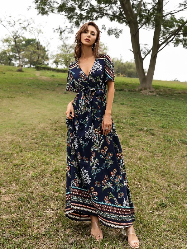 Plants Belted Short Sleeve Deep V Neck Flared High Waist Maxi Dress Preppy Women's College